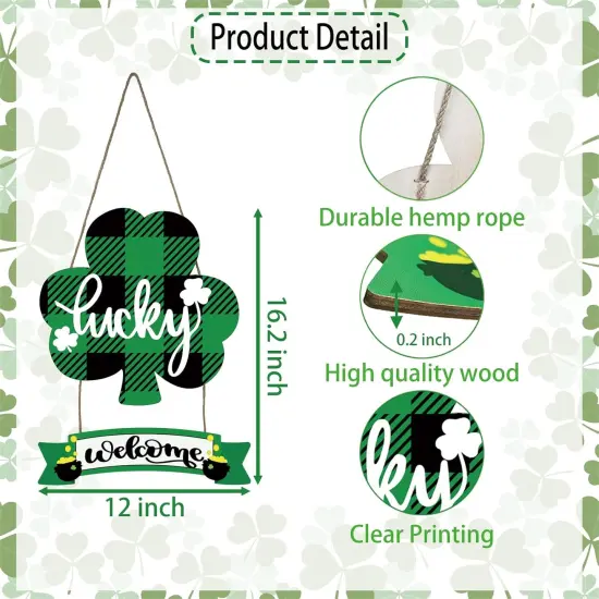 St Patricks Day Decorations St Patricks Day Wreath Front Door Decorations Buffalo Plaid Shamrock Wreath Wooden Lucky Welcome Sign Door Hanger for Wall Indoor Home Decor {2}