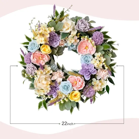 Spring Summer Wreath for Front Door 22 Inch Artificial Floral Wreath with Roses Peonies Hydrangeas Leaves for Door Wall Decoration Wedding Party Home Farmhouse Decoration {3}