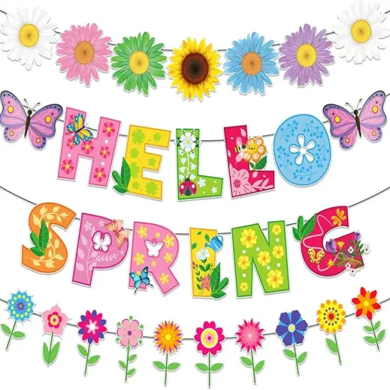 Spring Banner, NO-DIY Spring Decorations includes Hello Spring Banner, Spring Flower Garland and Spring Garland, Spring Party Decorations for Spring Easter Mantel Fireplace Hanging Decor {1}