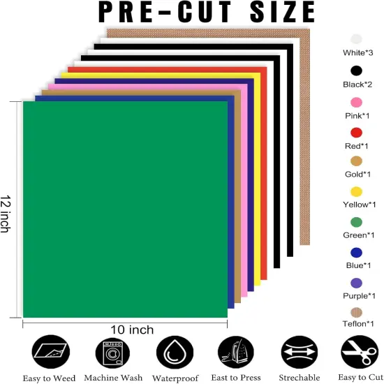 HTV Heat Transfer Vinyl for T-Shirts 12"x10" -13Pack Perfect Iron On Vinyl for Cricut {2}