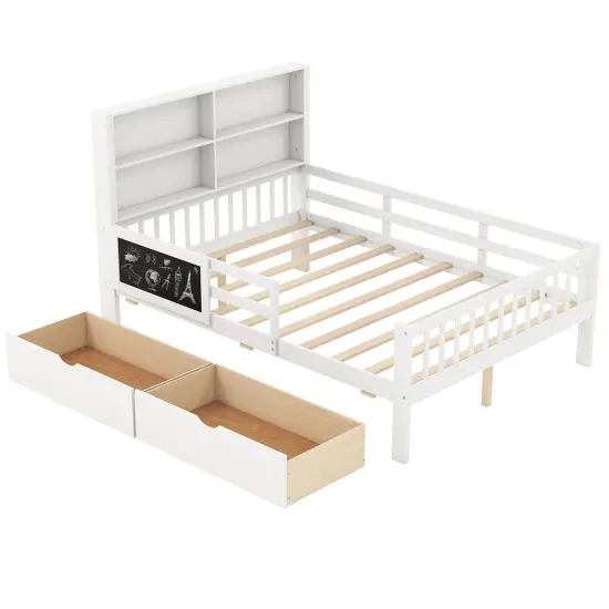 White Pine Wood MDF Bed Frame with Storage, Blackboard and Guardrails {2}