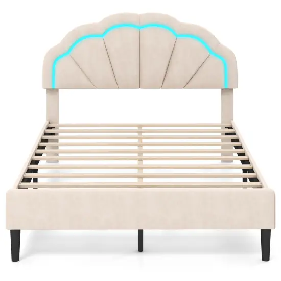 Beige Velvet Bed Frame with LED Lights, Petal Headboard and Adjustable Height {2}