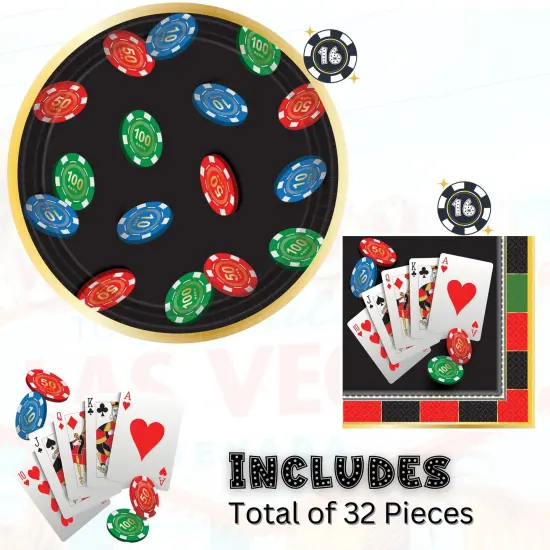 Casino Night Party Supplies Bundle, 7" Paper Appetizer Plates and Beverage Napkins, Serves 16 {2}