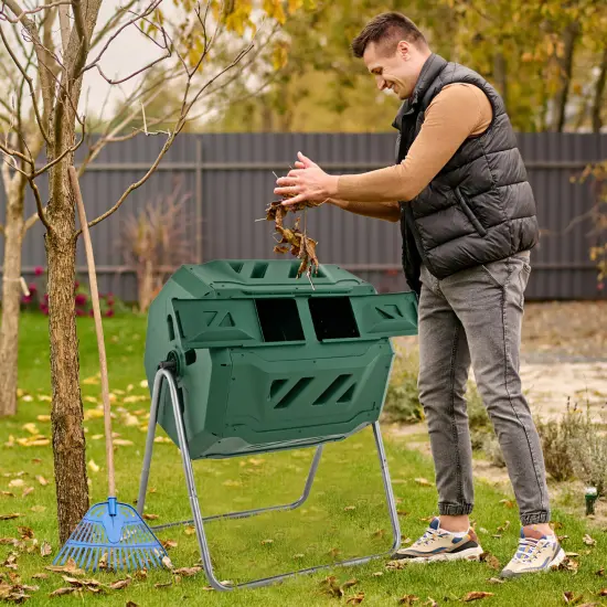 Dual-Chamber Outdoor Rotating Compost Bin with Aeration Holes and 43-Gallon Capacity Green {5}