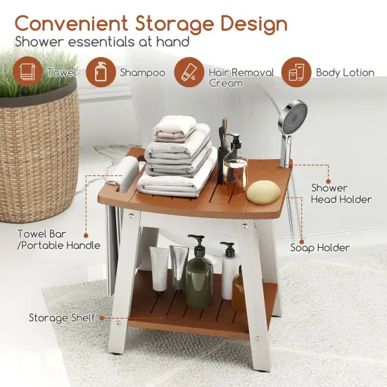 Waterproof Shower Bench Seat with Handle and Storage for Bathroom or Outdoors Brown & White {6}