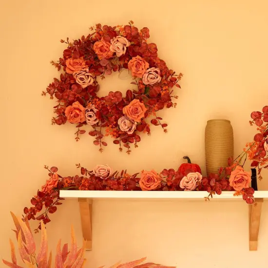 Artificial Fall Eucalyptus Garland with Flowers - Orange {2}