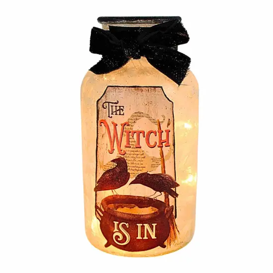 Stony Creek 6.5 Inch Hocus Pocus Small Glass Jar Lighted Halloween Lighted Glass Accent , Halloween Decor Lighted Halloween Jar Witch {1}