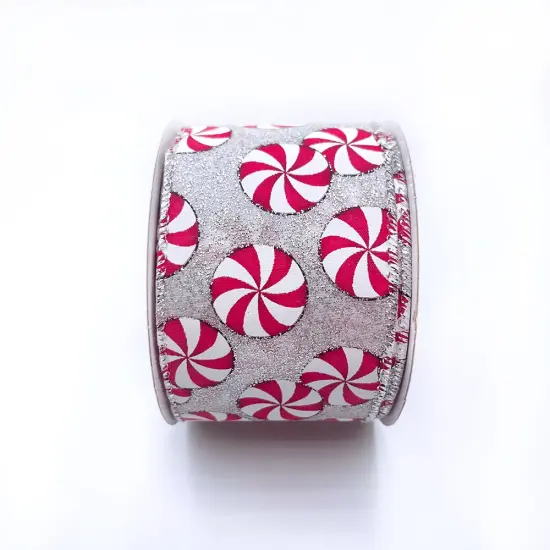 Designer&rsquo;s Shop WR 63-5212 Holiday Peppermint Candy Wired Edge Ribbon &ndash; 2.5" x 10 Yards, Silver Glitter Background {2}