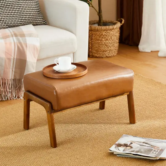 Mid-century Modern Leatherette Accent Stool with Walnut Rubberwood Legs {11}