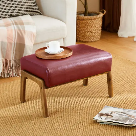 Mid-century Modern Leatherette Accent Stool with Walnut Rubberwood Legs {10}