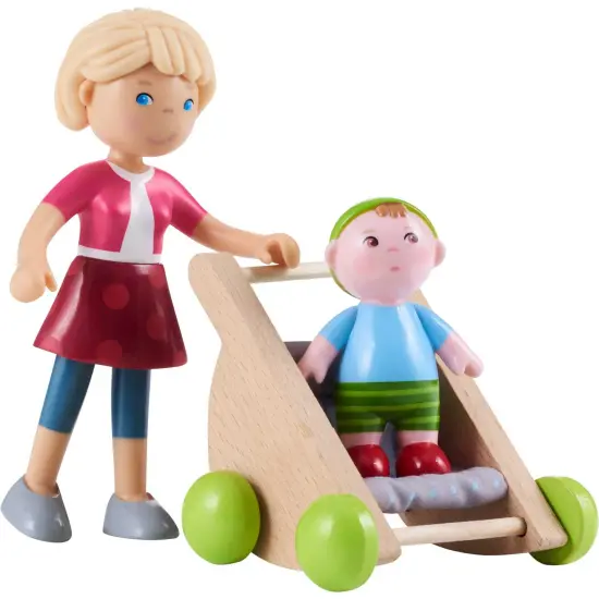 HABA Little Friends Mom Melanie and Baby Liam Dollhouse Figures with Stroller Multicolor {3}