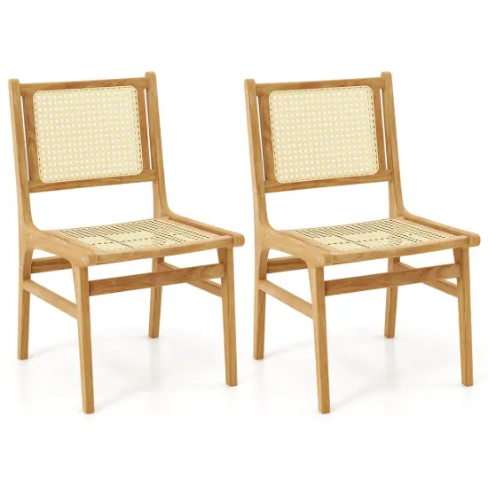Costway 1/2 PCS Rattan Dining Chair withNatural Cane Woven Backrest & Seat & Teak Wood Frame {8}