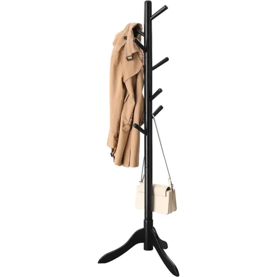 68.9&rdquo; Tall Space Saving Solid Wood Coat Rack with 8 Hooks and Triangular Base for Home or Office Black {2}