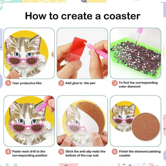 Cats Diamond Art Coasters with Holder, Crafts Kits for DIY Coasters, Diamond Art Kits for Adults, Small Diamond Painting Coasters Kit Art Craft Supplies (Cute Cats) {5}