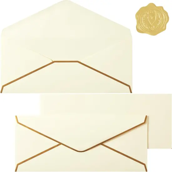 30 Pack Thick #10 Business Envelopes with Gold Border, 4 1/8 x 9 1/2 Thick Paper Standard Envelopes with Stickers for Office, Checks, Letter Mailing, Invoices (Cream Color) {1}