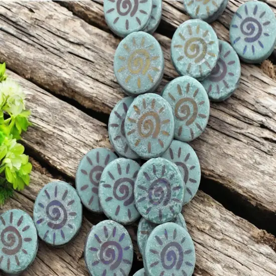 *8* 14mm Acid Etched Opaque Dark Turquoise Sliperit Laser Tattoo Sun Coin Beads {4}