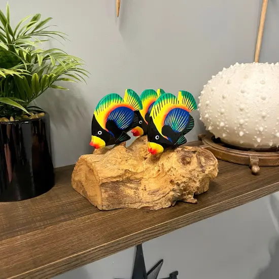 Handcrafted Driftwood & 3 Tropical Fish Sculpture Coastal Nautical Table Decor {5}