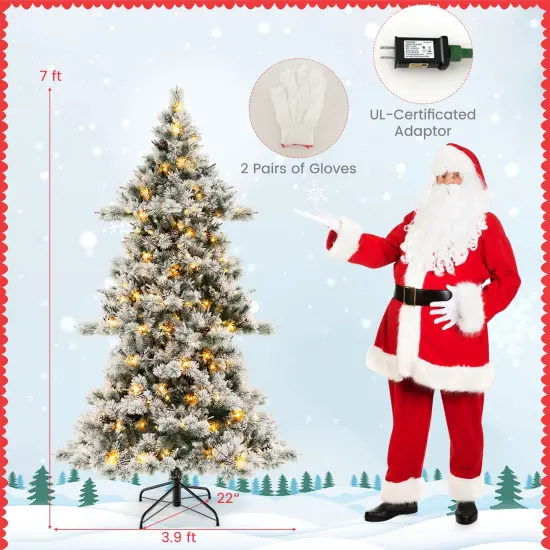 Costway 7 FT Flocked Christmas Tree Hinged Xmas Decoration with 420 LED Lights & 1057 Tips {4}