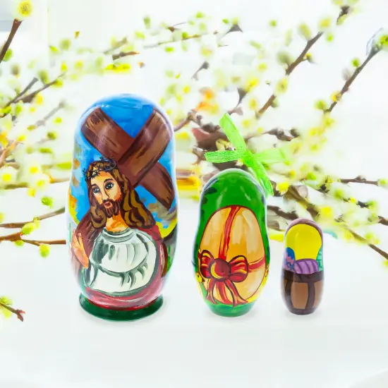 Set of 3 Jesus with Cross, Easter Eggs Wooden Nesting Dolls 4.25 Inches {3}