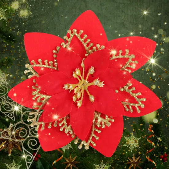 12PCS Christmas Poinsettia Flowers Decorations Artificial Red Glitter Poinsettia Ornaments with Clips & Stems for Xmas Tree, Wreaths, Garland, Holiday Decor {1}