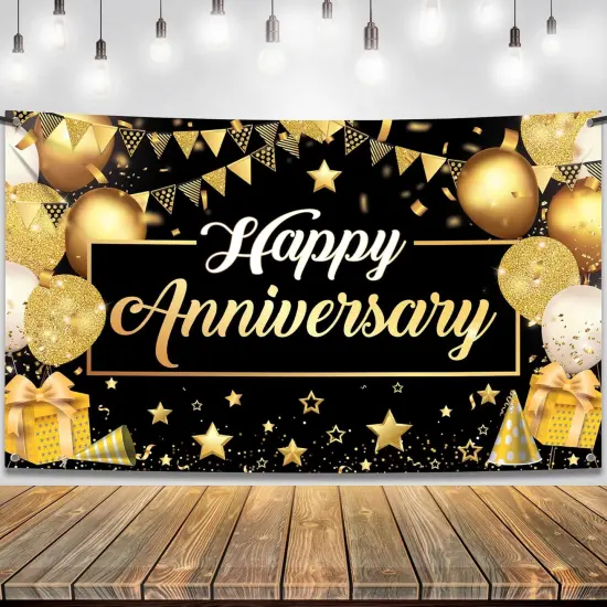 Extra Large Black & Gold Happy Anniversary Banner - 72x44 Inch Backdrop {1}