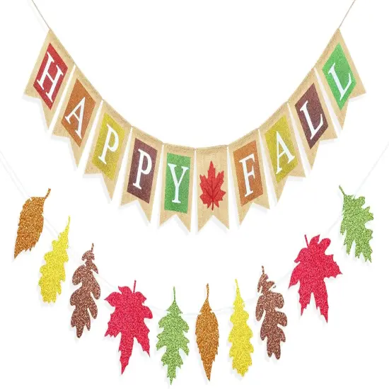 Happy Fall Burlap Banner with Maple Leaves {1}