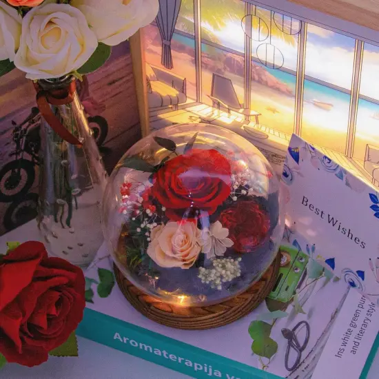 Women Preserved Red Real Rose Flowers in Glass Dome {4}