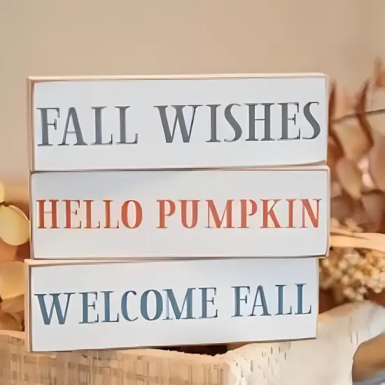 Wood Rustic Fall Blocks with Seasonal Phrases White Finish 3 Asstd. {3}