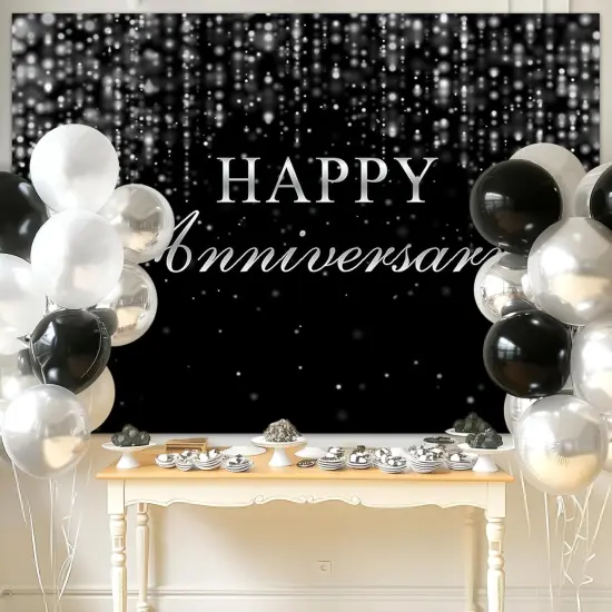 (7x5ft) Happy Anniversary Backdrop Black Silver Anniversary Background {2}