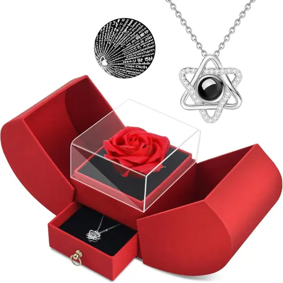 Preserved Red Real Rose Necklace 'I Love You' in 100 Languages {1}