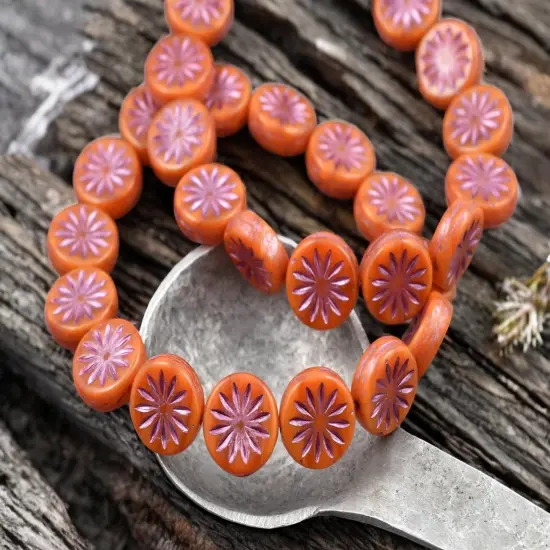 *15* 12mm Pink Washed Orange Opaline Aster Flower Coin Beads {2}