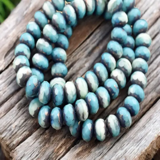 *25* 6x8mm Bronze Washed Blended Turquoise & Sea Green Fire Polished Rondelle Beads {2}