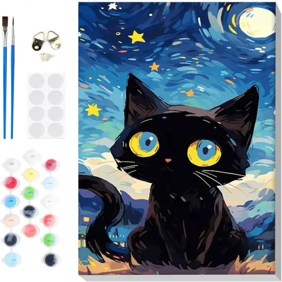Starry Night Cat Paint by Numbers for Adults Beginners Framed, Easy Adults' Paint-by-Number Kits, Adult Paint by Number Kits on Canvas, Acrylic Number Painting for Home Decor, 8x12in {1}
