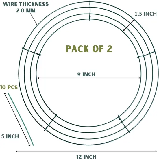 Pack of 2 Wire Wreath Frame (12 Inch) &ndash; Round Metal Wreath Form for Crafts & Floral Decorations on Home Party Celebrations, Dark Green {2}