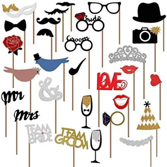 31Pcs Wedding Photo Booth Props &ndash; Funny Photo Booth Accessories with Variety Themes &ndash; Diverse & Vibrant Props for Photobooth, Designed to Elevate Wedding, Birthday & Party Photoshoots {1}