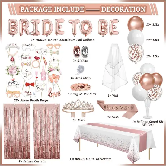274 Pcs Rose Gold Bridal Shower Decorations, Bachelorette Party Decorations Favors - "BRIDE TO BE" Banner, Veil, Balloon, Photo Props, Tableware with Rose Gold for 25 Guests {2}