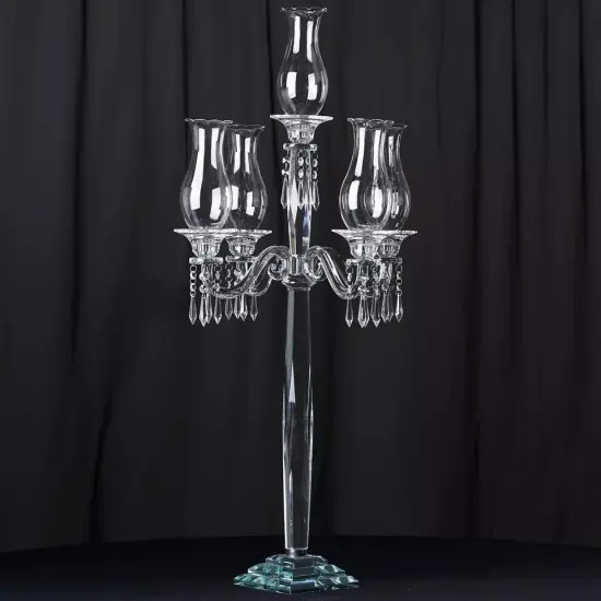 40" Clear 5 Arm Crystal Glass Candelabra Hurricane Taper Candle Holder Wedding {3}