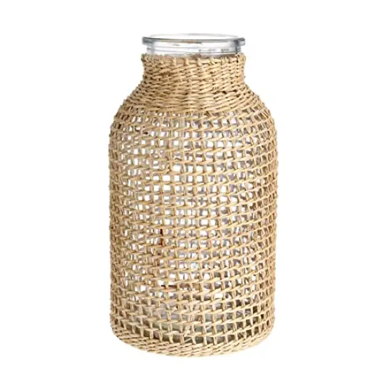 Boho Glass Flower Vase with Rattan Cover, Farmhouse Flower Bud Vase, Round Decorative Flower Vase Floral Container Flower Bottle for Floral Arrangements Housewarming Party Home Decor (L) {2}