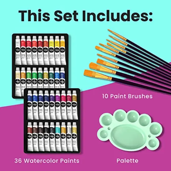 36 PCS Watercolor Paint Set for Adults, Kids, Beginner & Professional Artists - 36 Watercolor Tubes Set (12ml, 0.4oz), 10 Painting Brushes & 1 Palette | Vibrant Water Color Art Painting Supplies {1}