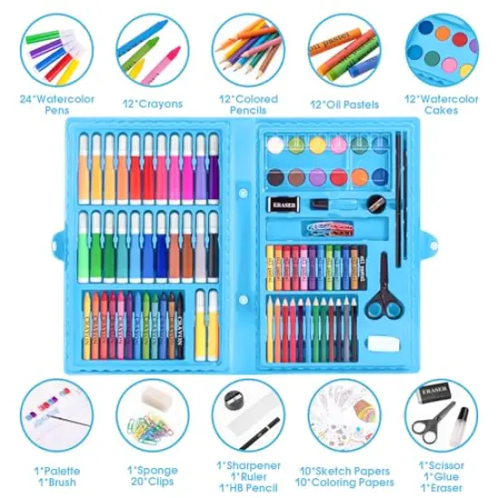 Art Kit, Drawing Painting Art Supplies for Kids Girls Boys Teens, Gifts Art Set Case Includes Oil Pastels, Crayons, Colored Pencils, Watercolor Cakes (Blue) {1}
