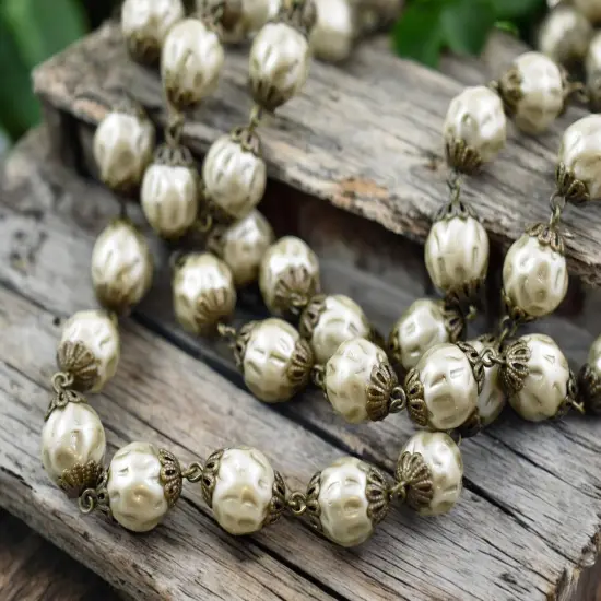 10mm Czech Glass Satin Taupe Baroque Pearl Chain with Antique Bronze Caps -- Sold by the foot {1}