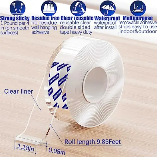 Strong Nano Double Sided Tape Heavy Duty Mounting,Clear Removable Sticky Adhesive Strips No Damage Wall, Waterproof Reusable Thick Gel Grip Washable for Hanging Picture,Poster,Carpet,Photo {1}