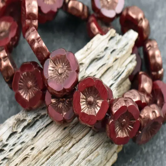 *12* 12mm Bronze Washed Red Oxide Table Cut Hawaiian Flower Beads {2}