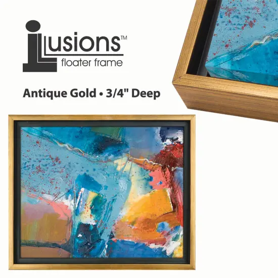 Creative Mark Illusions Floater Frame For 3/4" Deep Canvases -Antique Gold- Set of 4 - Ideal for Galleries & Home Decor - Wood Float Frame for Canvas Paintings- Complete Hanging Hardware {5}