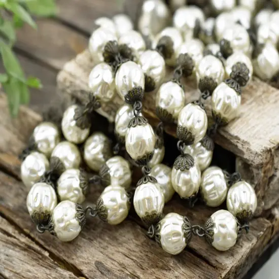 10mm Czech Glass Cream Baroque Pearl Chain with Bronze Caps -- Sold By The Foot {2}