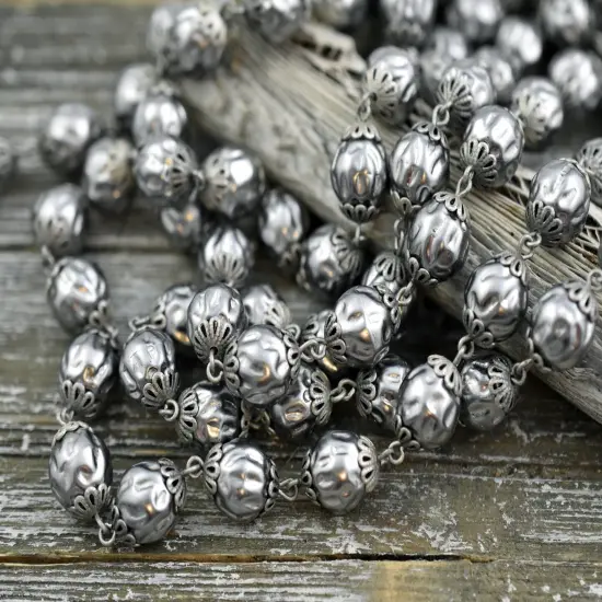 10mm Czech Glass Silver Pearl Chain with Antique Silver Caps -- Sold by the foot {2}