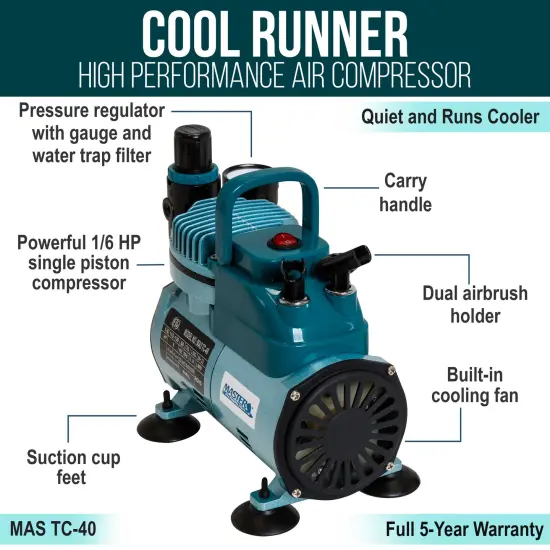 TC-40 - Cool Runner Professional High Performance Single-Piston Airbrush Air Compressor with 2 Holders, Regulator, Gauge, Water Trap Filter & Air Hose {2}