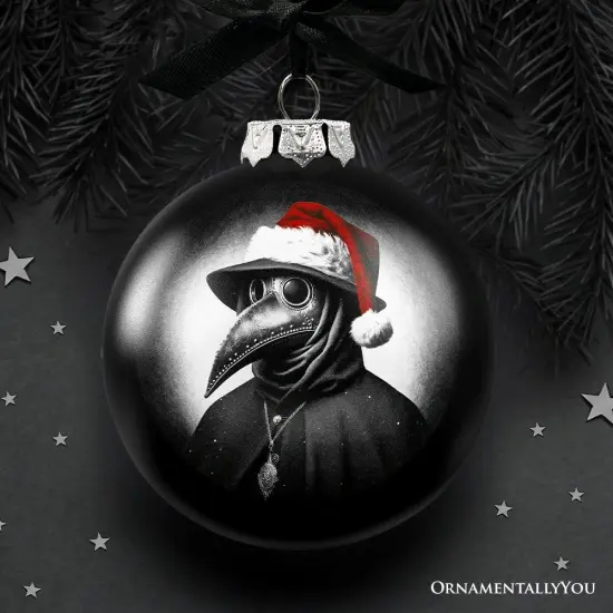Plague Doctor Christmas Spooky Portrait Glass Ornament, Black Horror Halloween Tree Decoration {1}