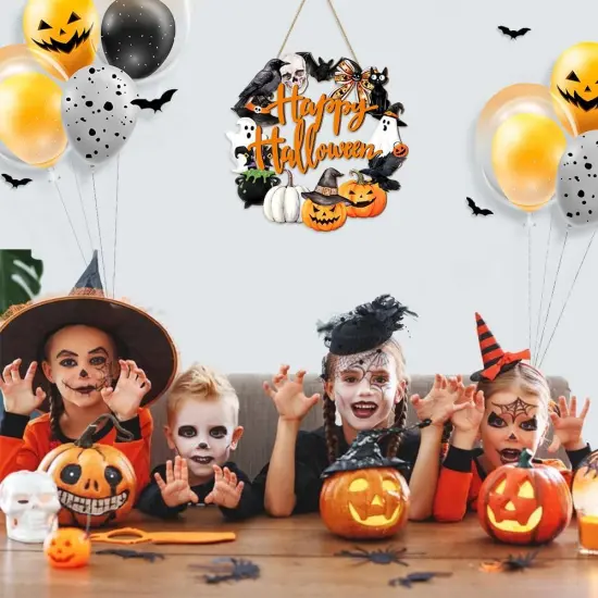 Happy Halloween Wood Wreath Ghost Black Cat Pumpkin Skull {4}