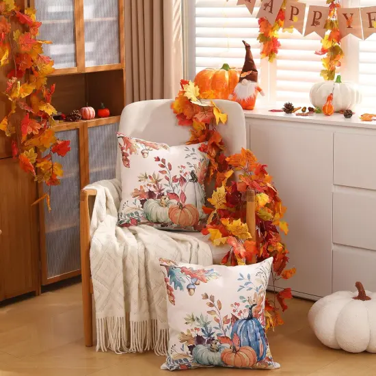 Orange White Pumpkin Fallen Leaves Decorative Outdoor Throw Pillow Covers {5}